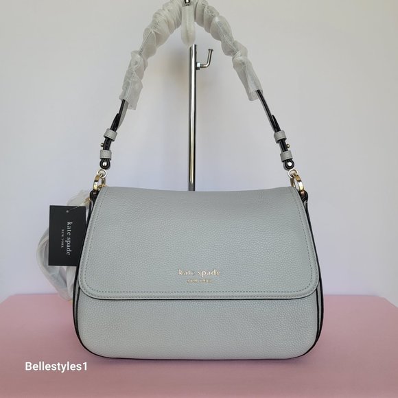 KATE SPADE Hudson Pebbled Leather Medium Flap Convertible Shoulder Bag-Platinum⭐ - Picture 4 of 16